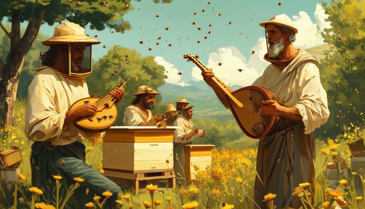 Aristaeus teaching humans the art of beekeeping while holding a seven-stringed lyre, in a pastoral setting with beehives and crops