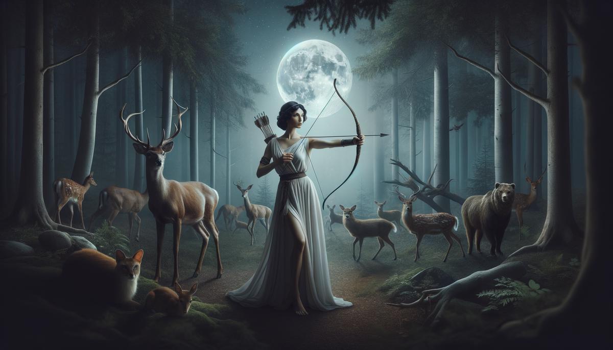 Artemis hunting in a moonlit forest with her bow and accompanied by animals