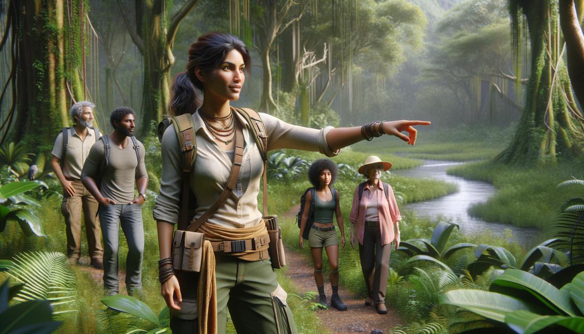 Artemis leading an eco-tourism expedition in a lush forest