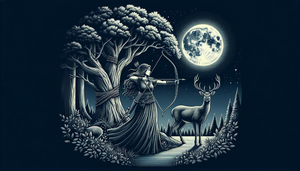Artemis standing in a forest clearing, holding her bow and arrow. A deer stands beside her. The moon is visible in the night sky, casting a pale light over the scene. The image conveys Artemis's connection to the wilderness, the moon, and her role as a huntress.