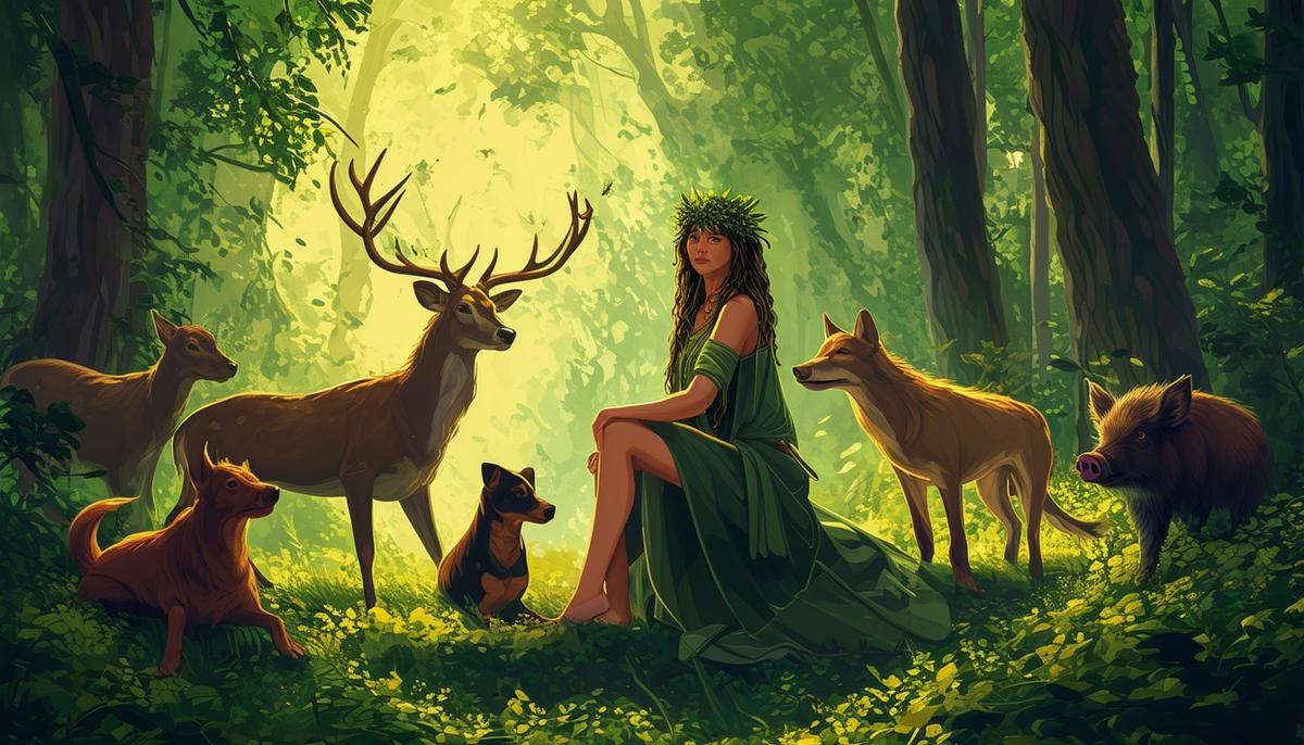 Artemis surrounded by her sacred animals including deer, hounds, and a wild boar in a lush forest setting