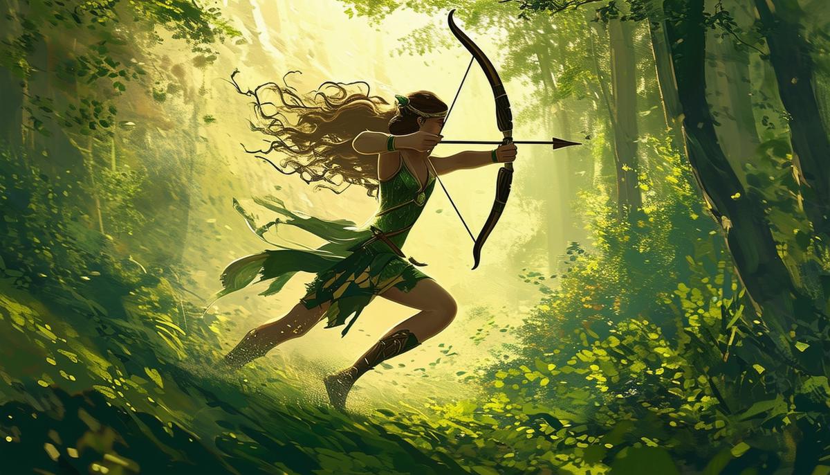 Artemis, the Greek goddess of the hunt and wilderness, runs freely through a lush forest with her bow, embodying the untamed spirit of nature and the pursuit of independence.