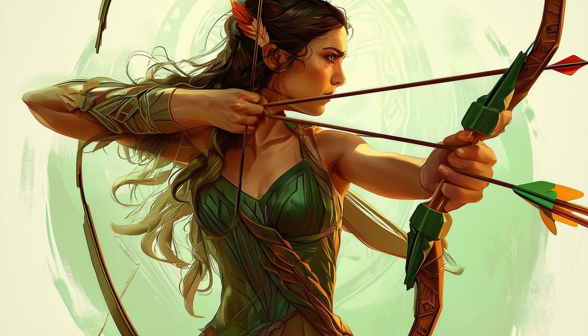 Artemis, the Greek goddess of the hunt, holding her iconic bow and arrows, ready to protect the vulnerable and maintain the balance of nature. The arrows symbolize her precision, focus, and commitment to her role as a guardian and guide for young women.