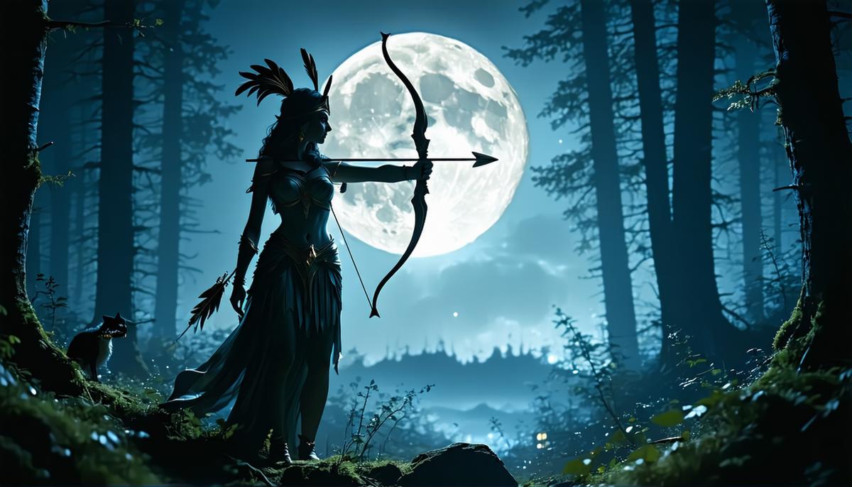 Artemis, the Greek goddess of the hunt, standing in a moonlit forest with her bow drawn