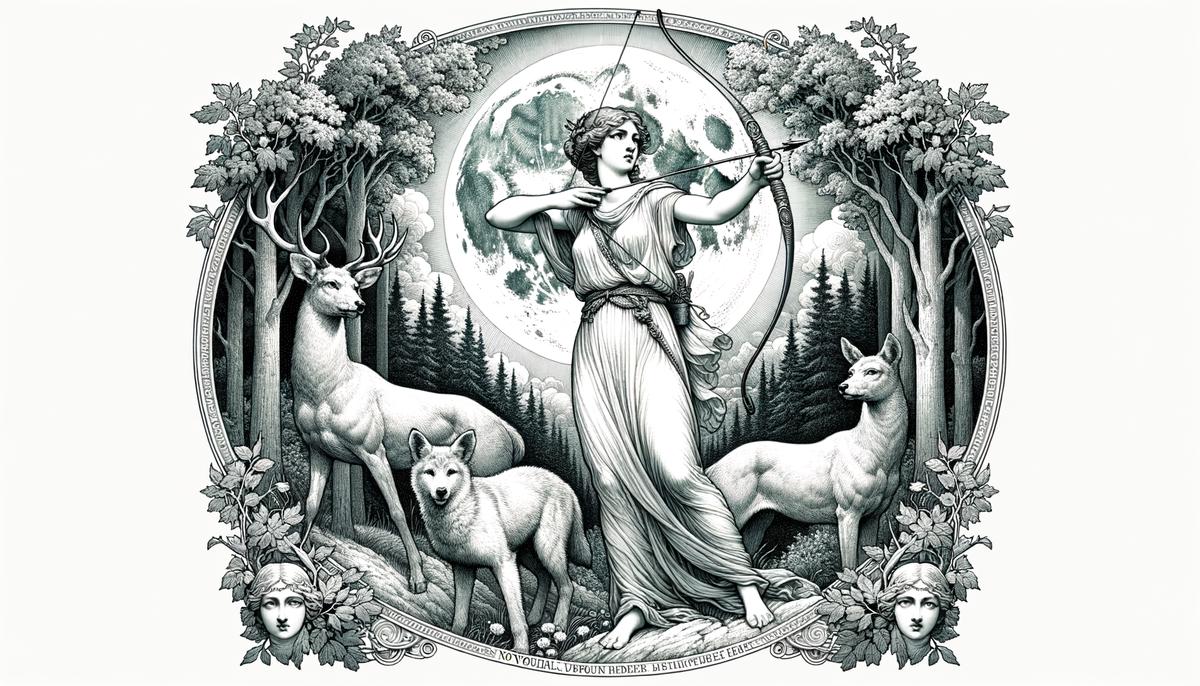 Artemis, the huntress, drawing her bow in a moonlit forest surrounded by wildlife