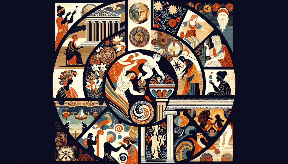 Artistic collage showing different interpretations of Iphigenia's story across literature and art