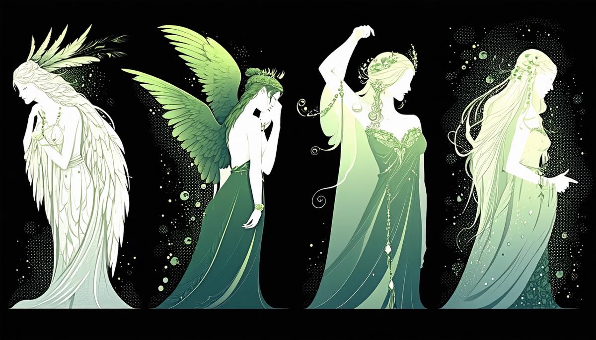 Artistic depiction of various mythological temptresses including a Siren, Harpy, Näcken, and Rusalka
