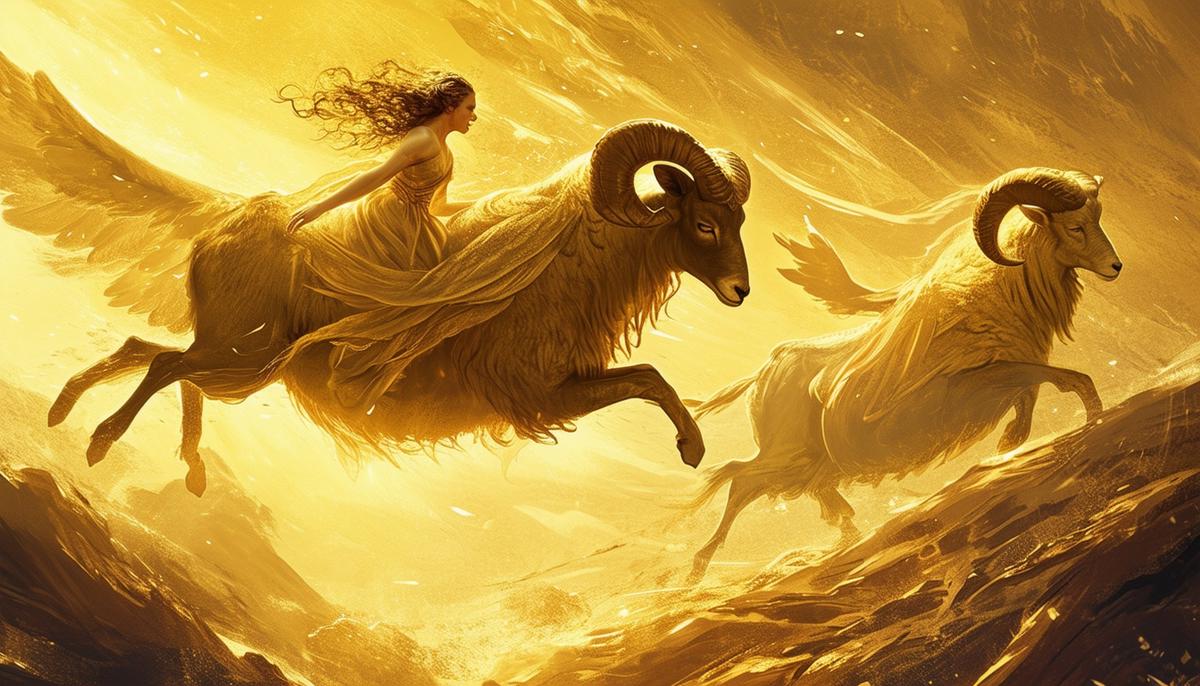 Artistic illustration of Phrixus and Helle's myth, showing their flight on the golden ram and Helle's fall