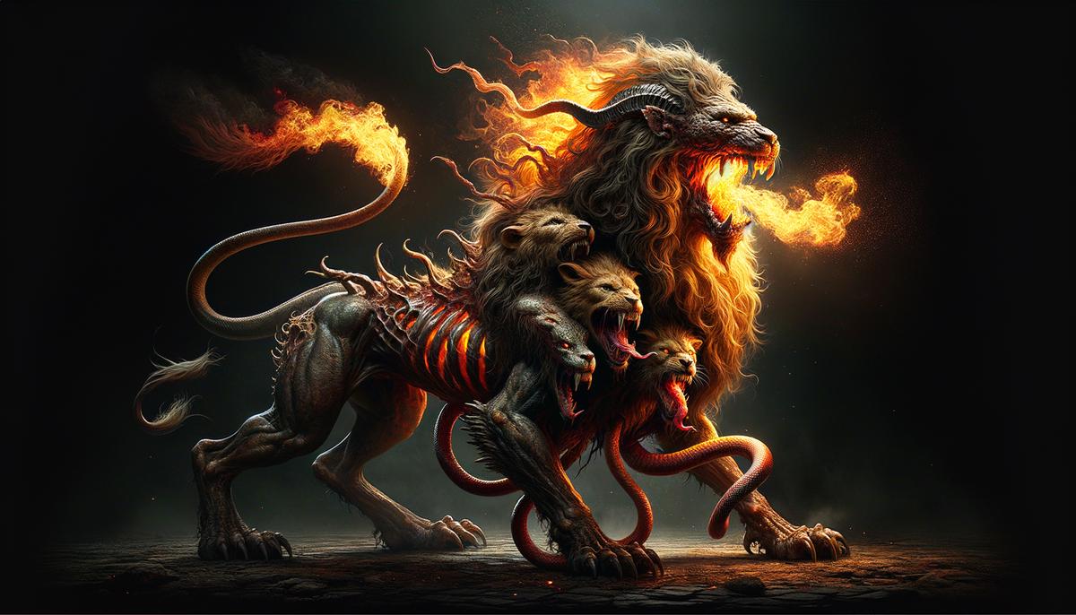 Artistic illustration of the Chimera, a hybrid creature from Greek mythology with the head of a lion, body of a goat, and tail of a serpent, breathing fire