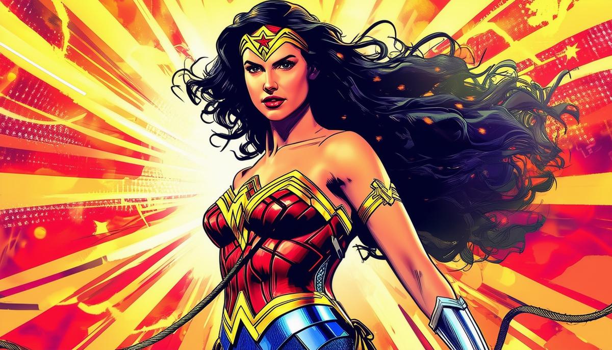 Artistic illustration of Wonder Woman, the iconic DC Comics superheroine, in her classic costume with her Lasso of Truth, standing tall and powerful against a vibrant comic book-style background