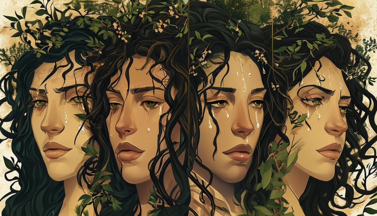 Artistic representation of Eleos' symbols: tear-streaked faces, locks of hair, gentle trees, and intertwining laurels