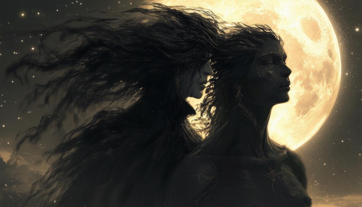 Artistic representation of Erebus, the deep dark shadow, and Nyx, the essence of night, as the primordial parents of Eleos