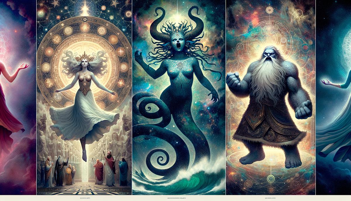Artistic representation of Eurynome, Tiamat, and Ymir, powerful creation deities from Greek, Sumerian, and Norse mythologies