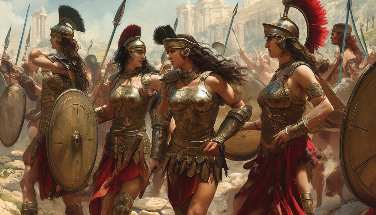 Artistic representation of the intersection between the mythological Amazons and the historical evidence of women warriors