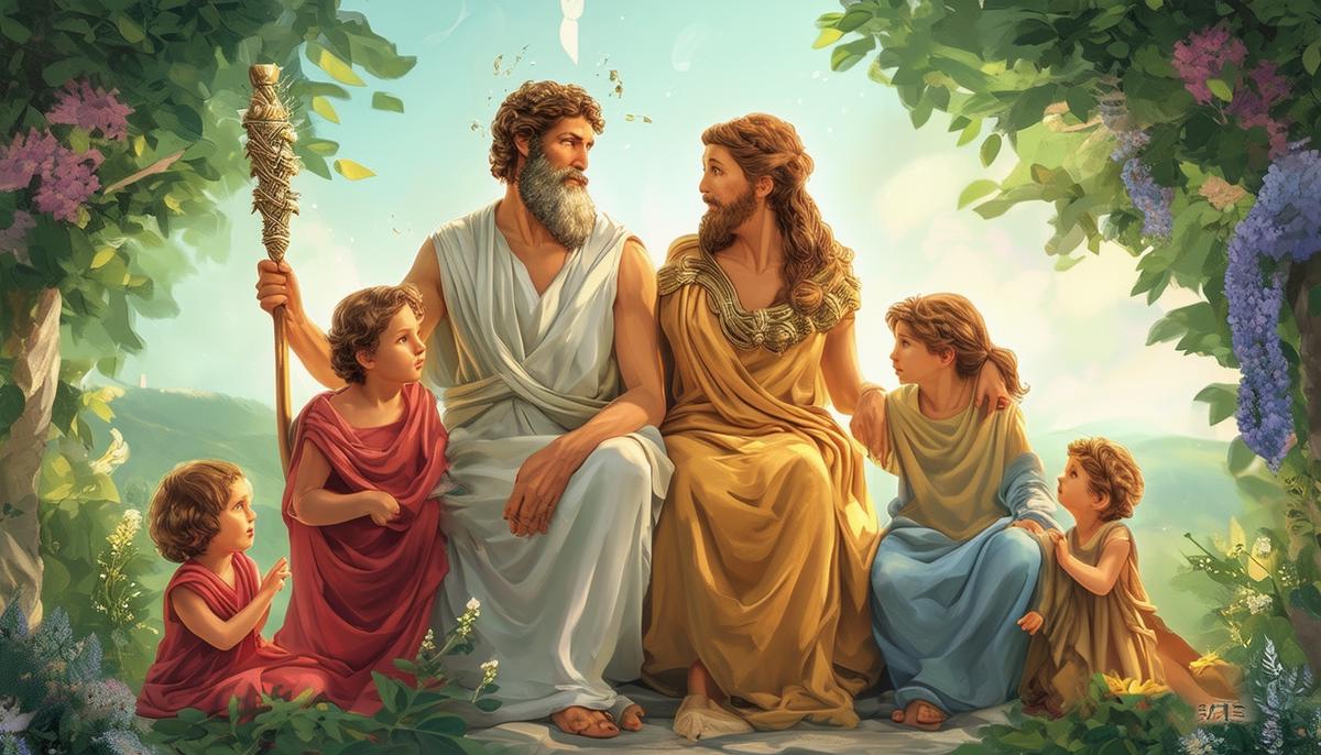 Asclepius and Epione, the divine healing couple of Greek mythology, with their children who specialized in various aspects of health and well-being