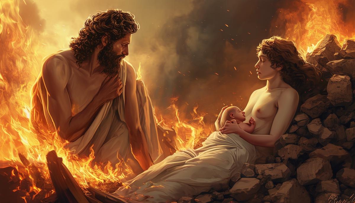 Asclepius, as a newborn, emerges from the smoldering remains of his mother Coronis, while Apollo looks on with a mixture of grief and determination.
