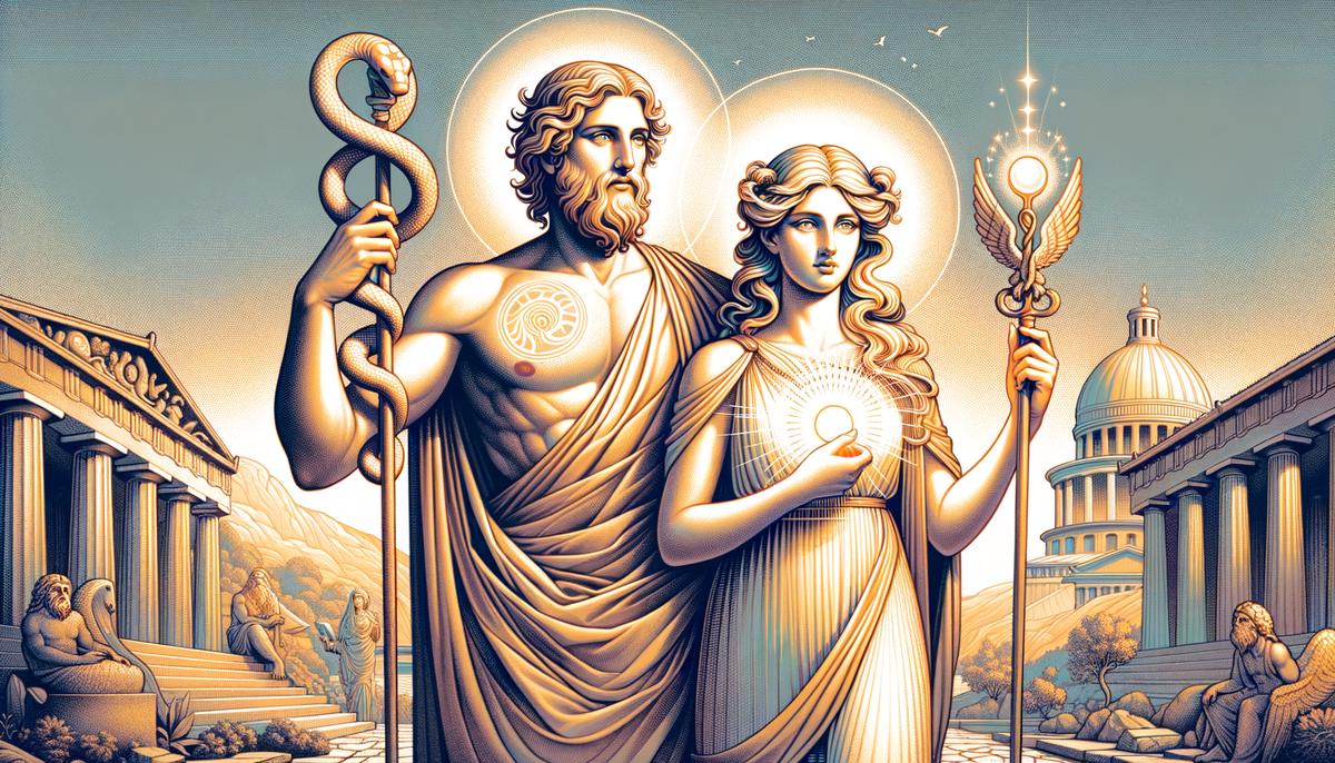 Asclepius, the god of medicine, and his daughter Aegle, the embodiment of radiant health