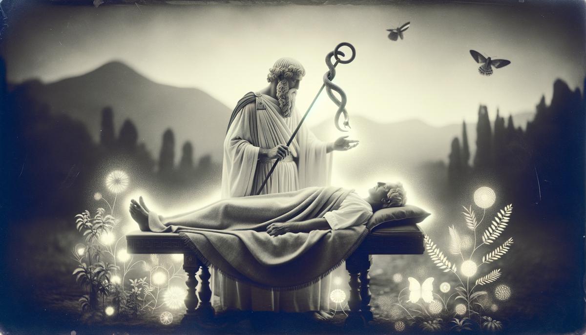 Asclepius using his healing powers, surrounded by medical symbols