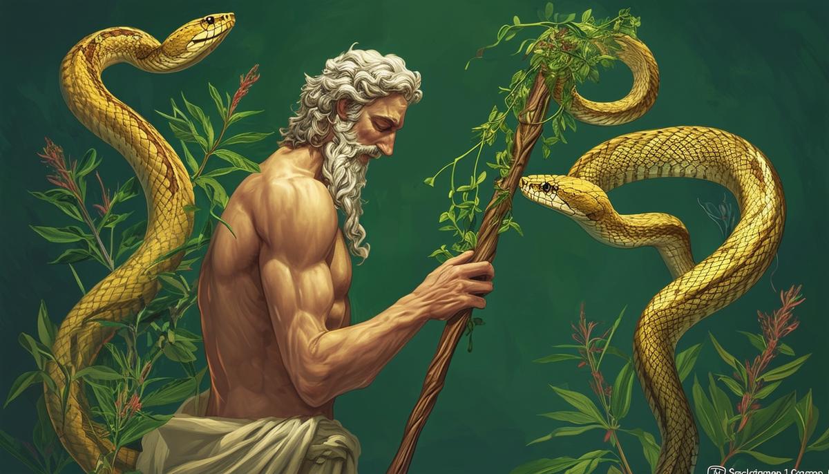 Asclepius watches in fascination as two snakes entwined on his staff reveal the secrets of healing herbs, with one snake using the herbs to heal the other's wounds.