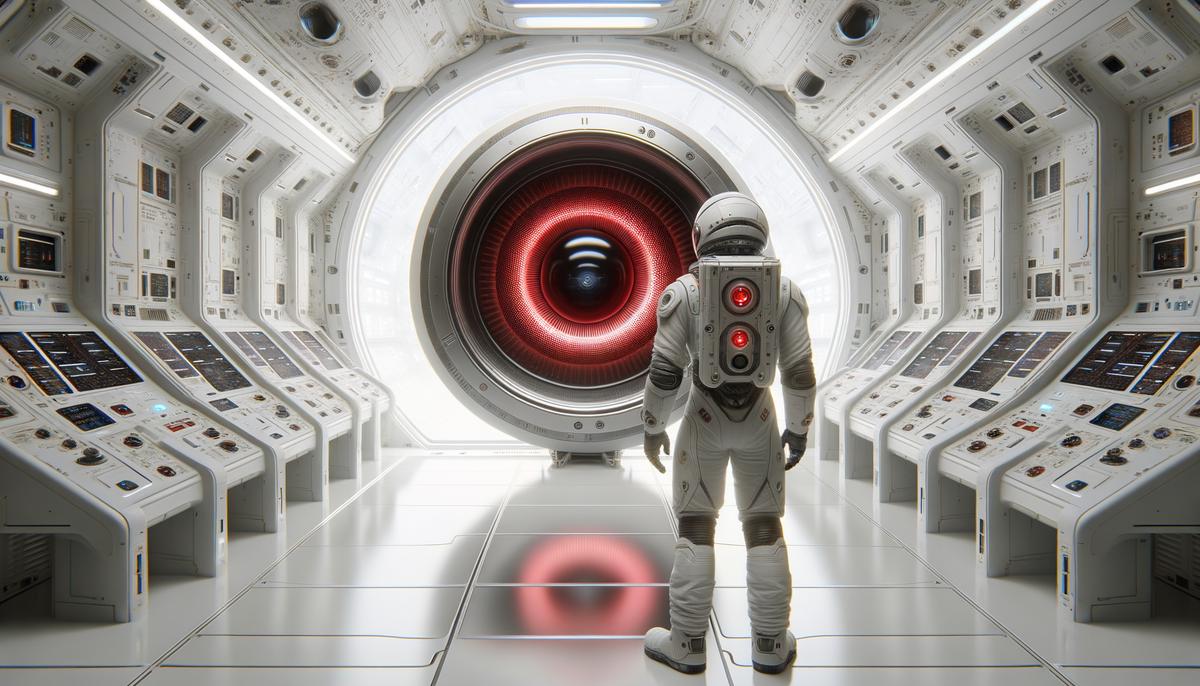 Astronaut Dave Bowman facing the glowing red eye of HAL 9000 in the spaceship from 2001: A Space Odyssey