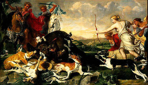 Atalanta drawing her bow during the Calydonian Boar hunt, surrounded by male hunters