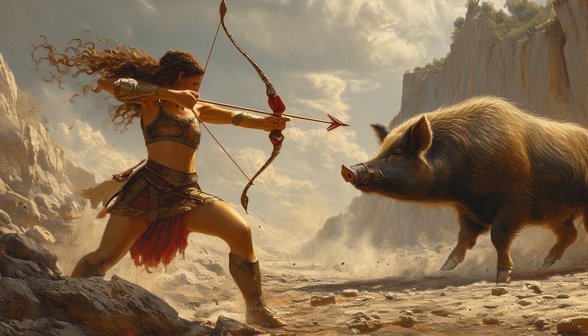 Atalanta firing an arrow at the Calydonian Boar, drawing first blood