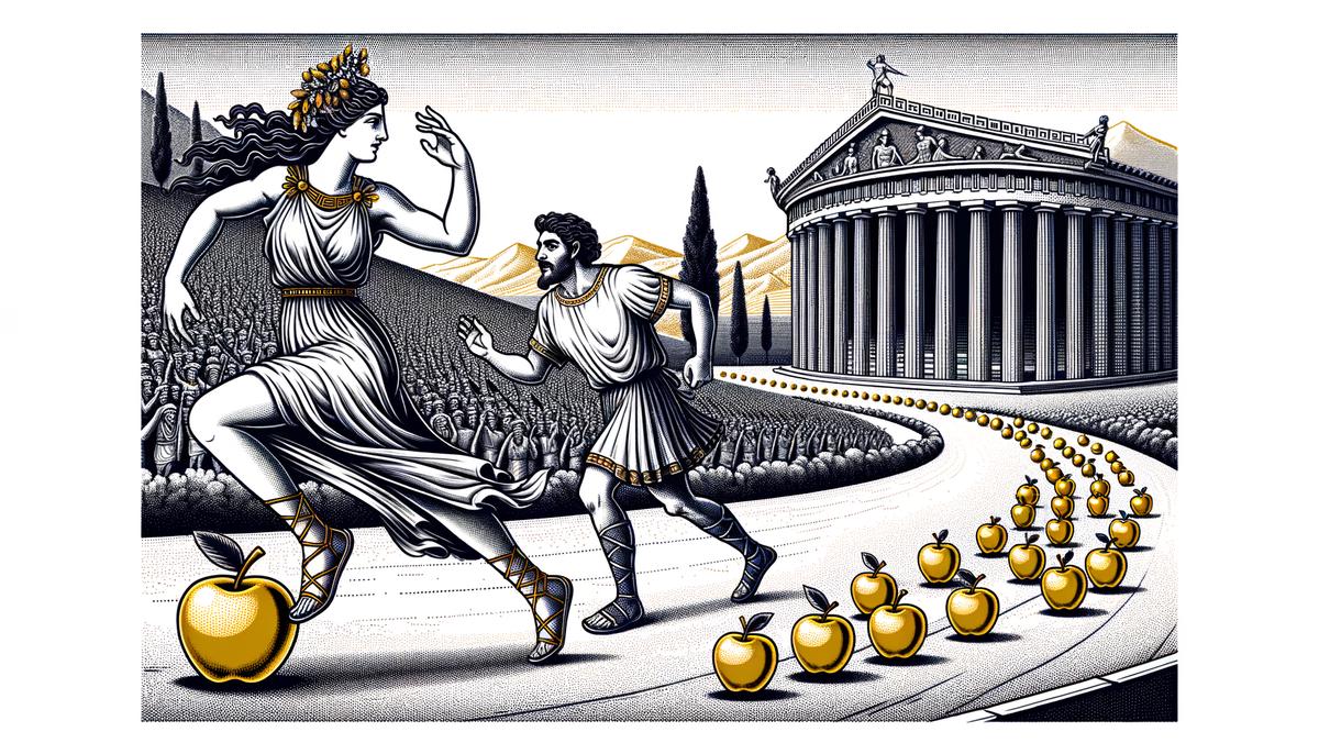 Atalanta running in a footrace, with Hippomenes tossing golden apples to distract her