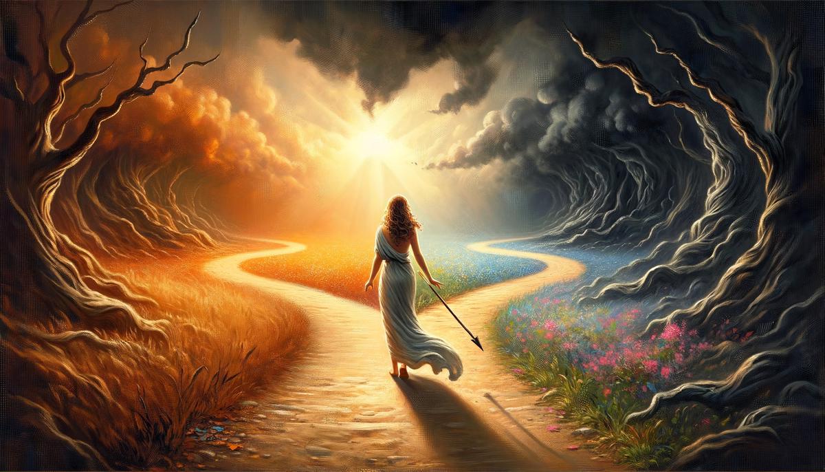 Ate standing between two diverging paths, one leading to wise choices and positive outcomes, the other to reckless decisions and disastrous consequences
