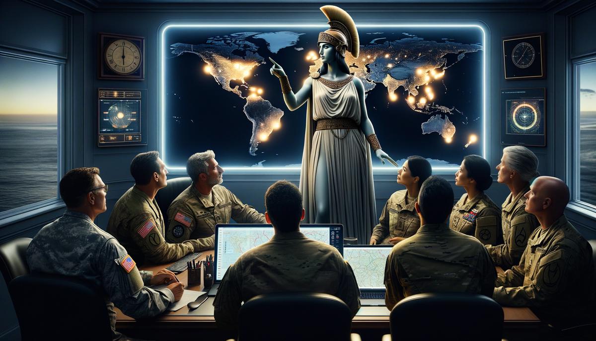 Athena advising military leaders in a modern war room