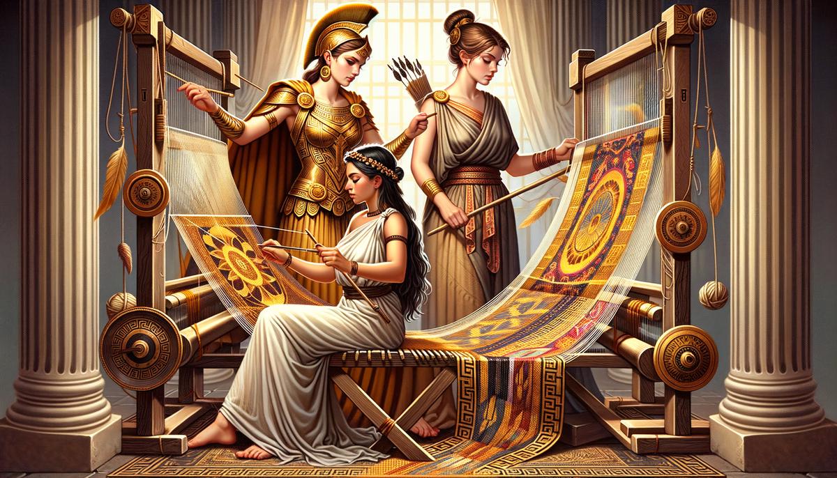 Athena and Arachne engaged in a weaving contest