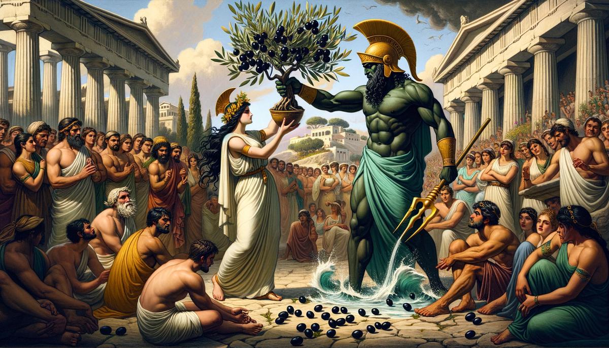 Athena and Poseidon presenting their gifts to Athens, with an olive tree and saltwater spring