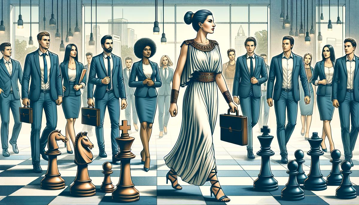Athena as a modern CEO, strategically planning with a diverse team in a startup office