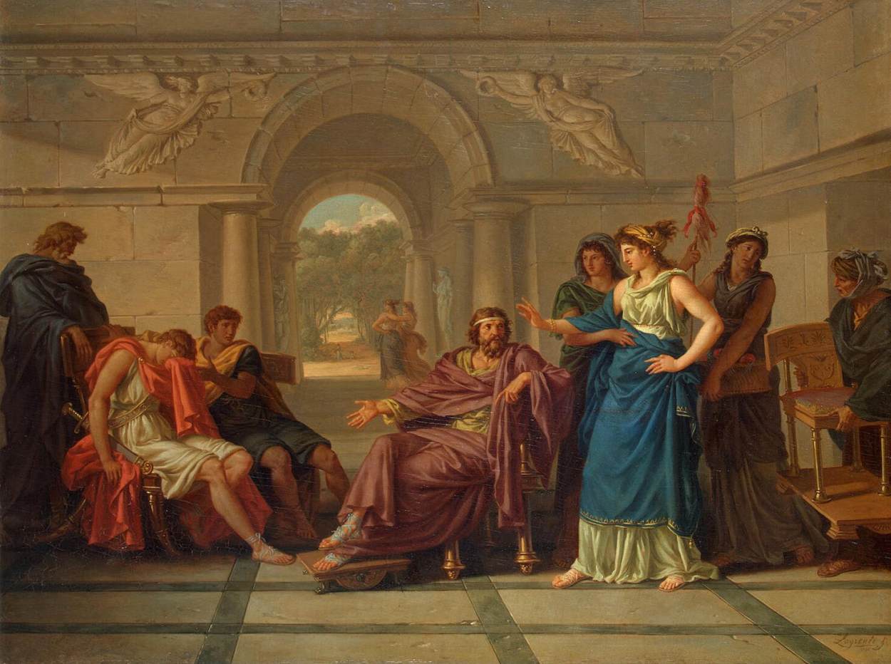 Athena, disguised as Mentor, guiding both Odysseus and Telemachus through their respective journeys
