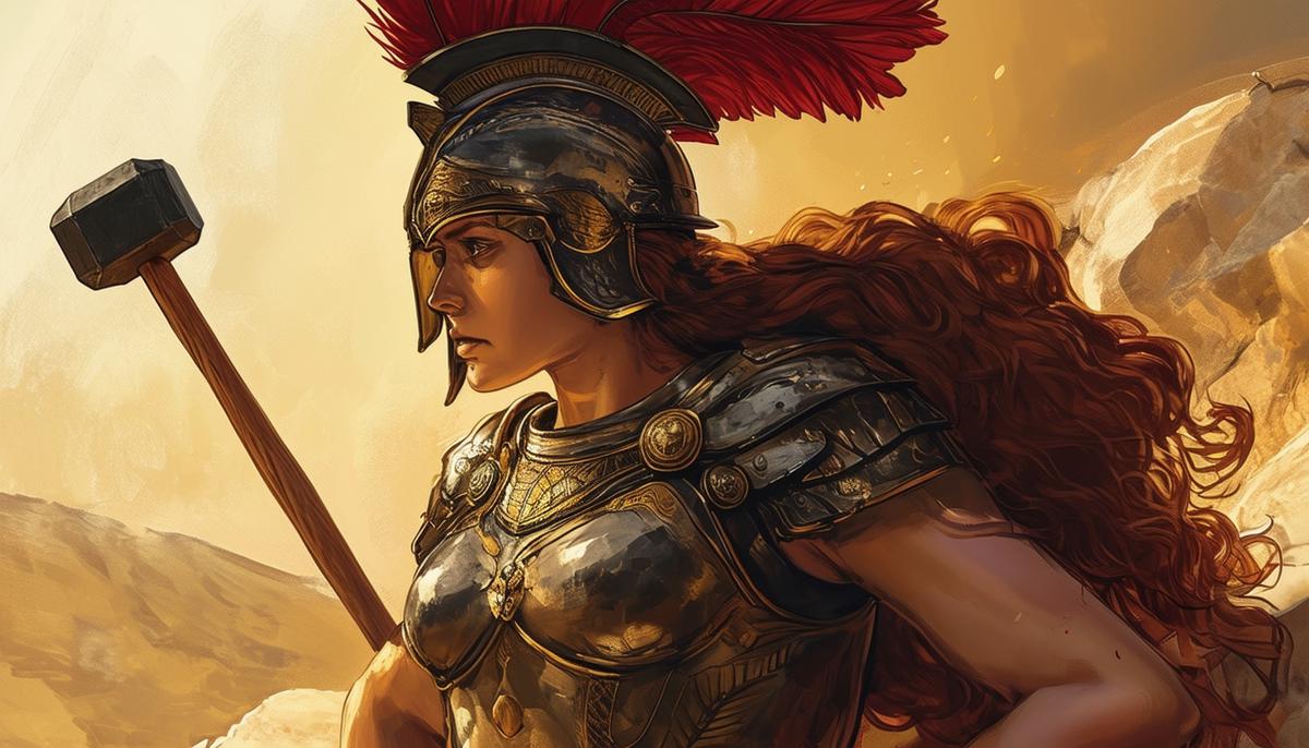 Athena, fully grown and wearing armor, emerging from Zeus' head after Hephaestus splits it open with a mallet and wedge