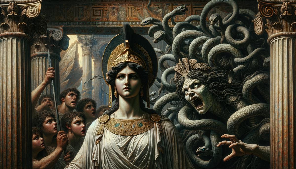 Athena, goddess of wisdom and war, standing over Medusa, her hand outstretched as she transforms the young priestess into a gorgon as punishment for Poseidon's actions.