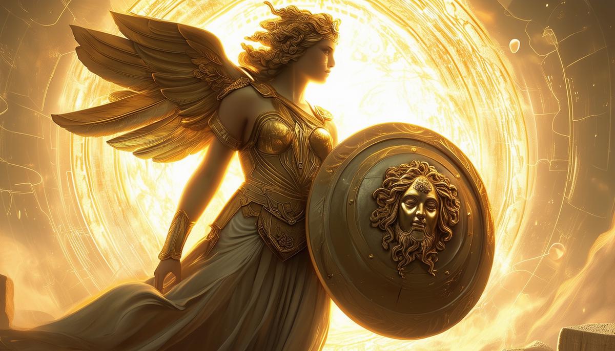 Athena holding the Aegis, a magnificent shield adorned with the head of Medusa, radiating an aura of divine protection