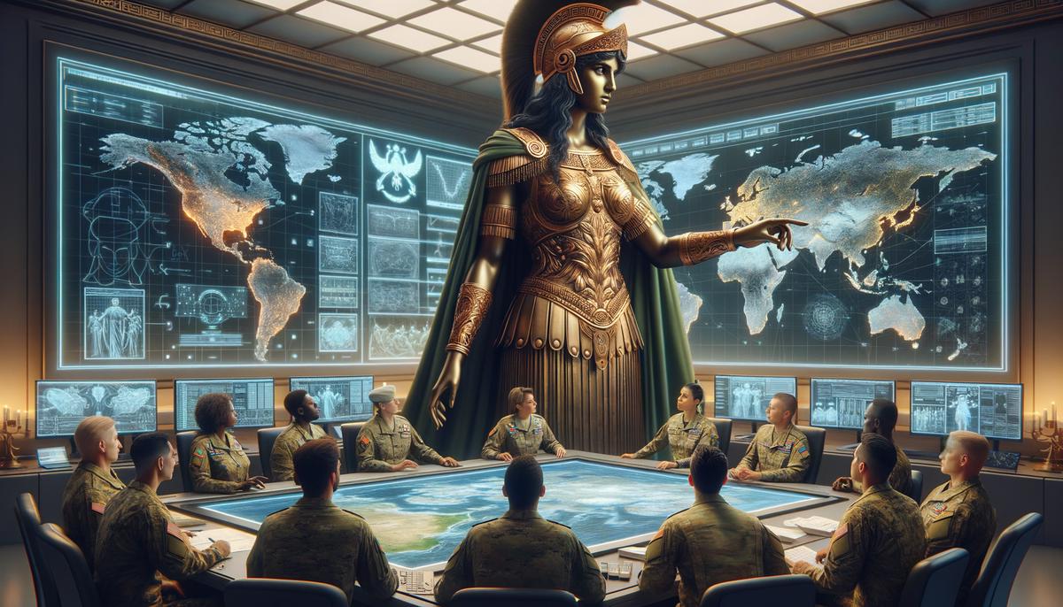 Athena in armor critiquing modern military plans with generals