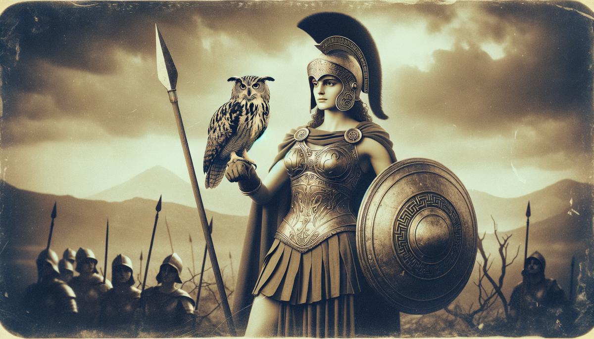 Athena in battle armor, holding her shield and spear, with an owl perched nearby symbolizing wisdom