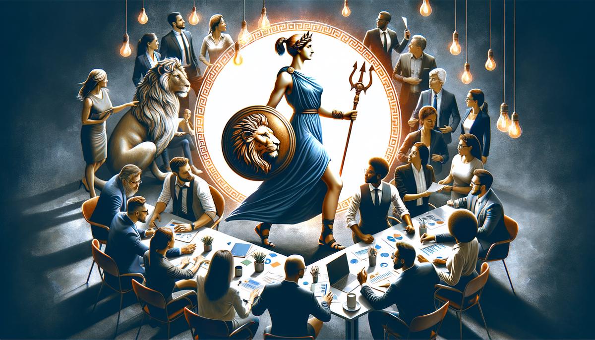 Athena inspiring a diverse startup team to take bold actions in a dynamic business environment
