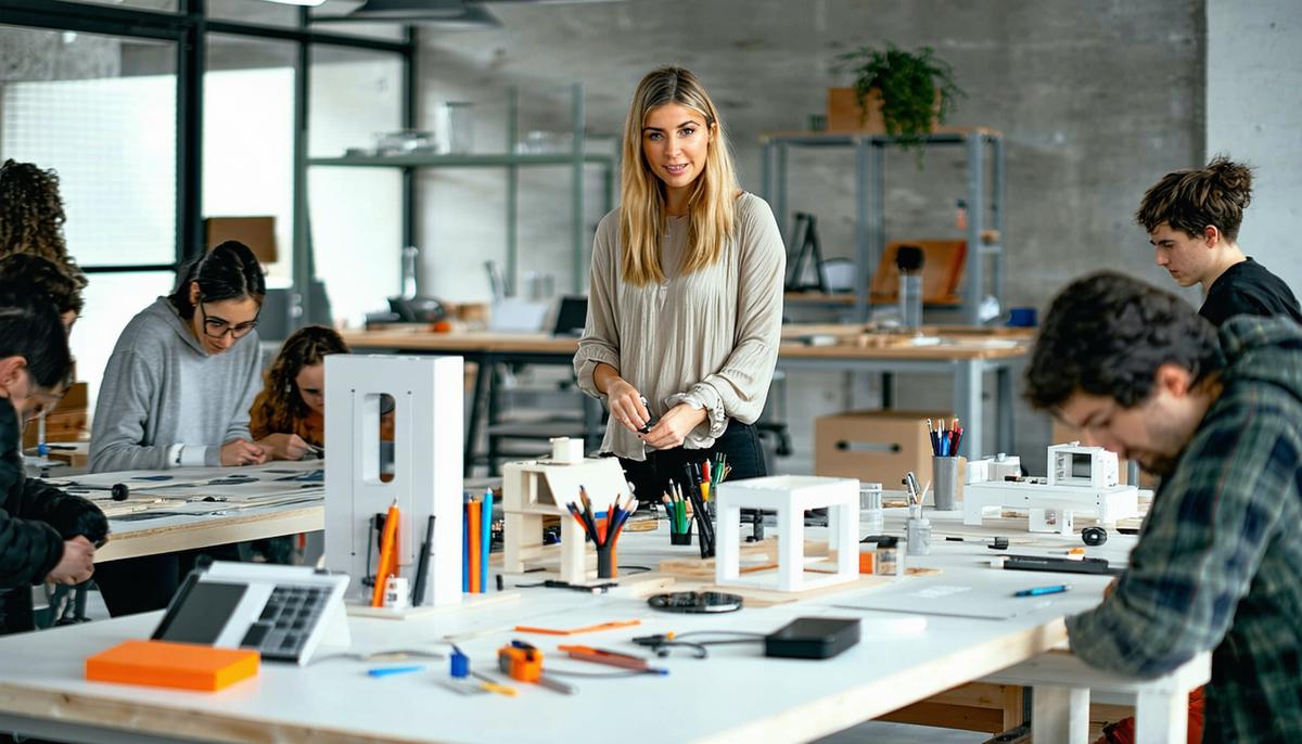 Athena leading an innovation workshop in a modern maker space, surrounded by prototypes and creative tools