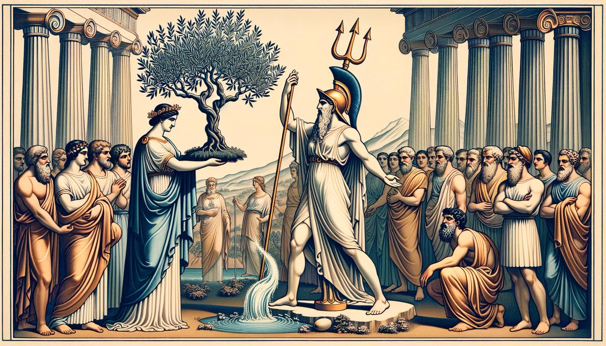 Athena presenting an olive tree and Poseidon creating a saltwater spring in ancient Athens