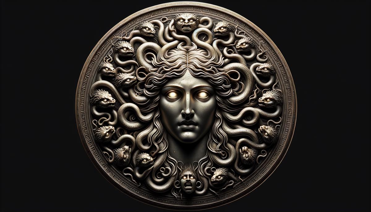 Athena's shield with Medusa's head prominently displayed, radiating power