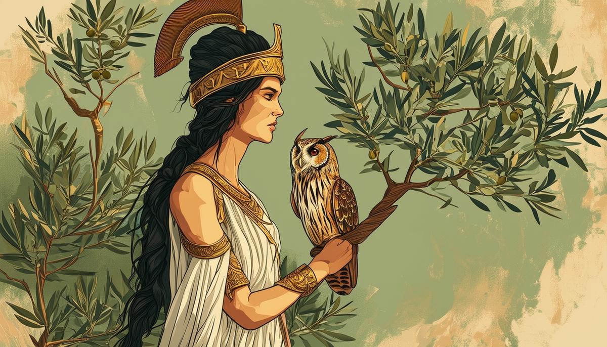 Athena standing confidently with her owl and an olive tree, symbols of wisdom and peace