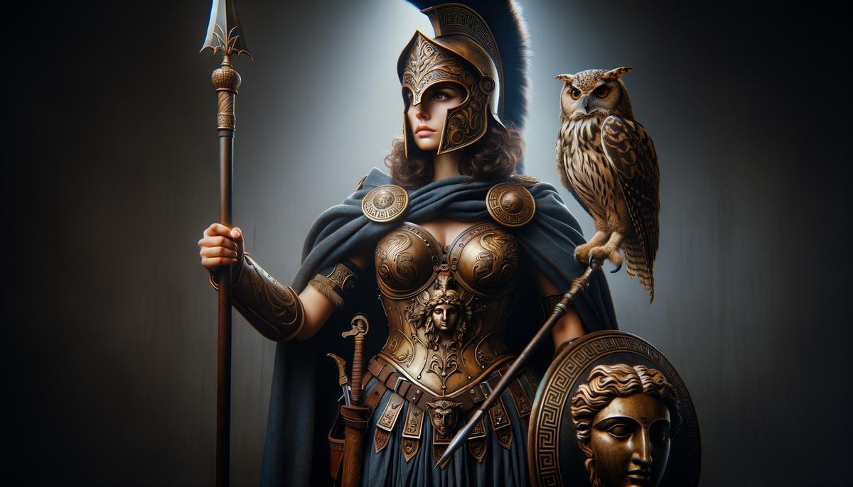 Athena standing strong in full battle armor, her owl perched on her shoulder