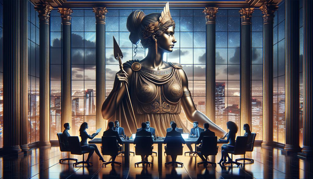 Athena strategizing in a modern tech company boardroom at dusk