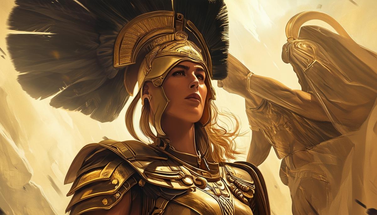 Athena, the Greek goddess of wisdom and strategic warfare, stands tall in her battle armor, exuding intelligence and confidence as she advises her father Zeus and influences the divine realm.