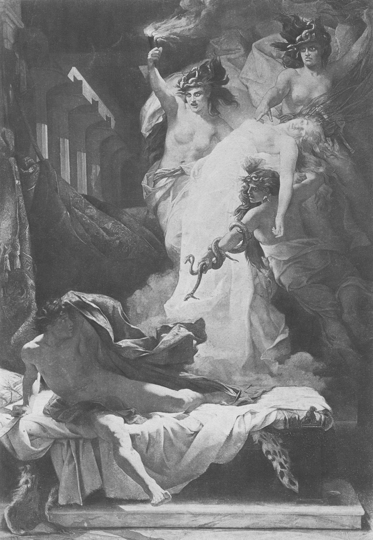 Athena transforming the Furies into protectors of justice in ancient Athens