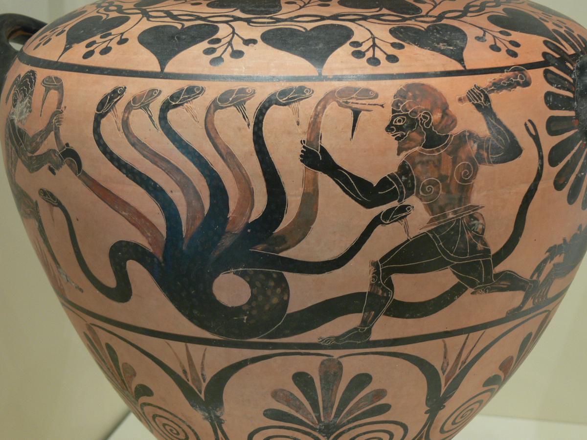 Athenian vase painting depicting Hercules battling the multi-headed Hydra