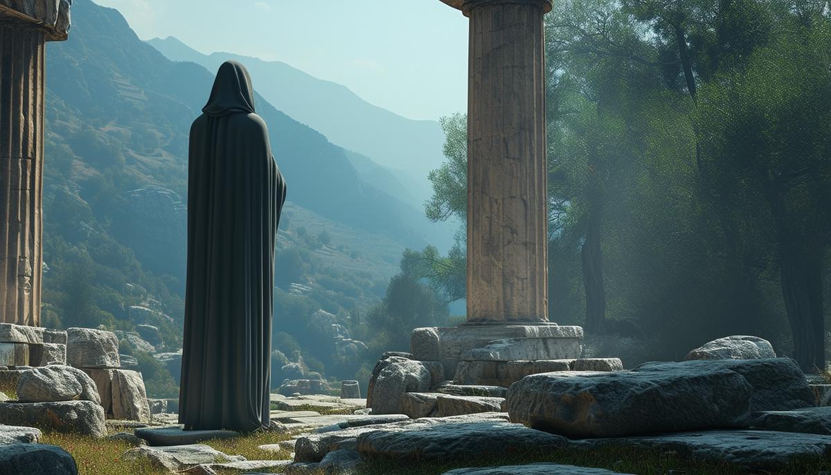 Atmospheric view of the ruins of Delphi with a mysterious hooded figure representing the Oracle
