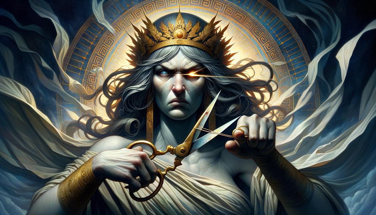 Atropos, the eldest Fate, cutting the thread of life with her shears